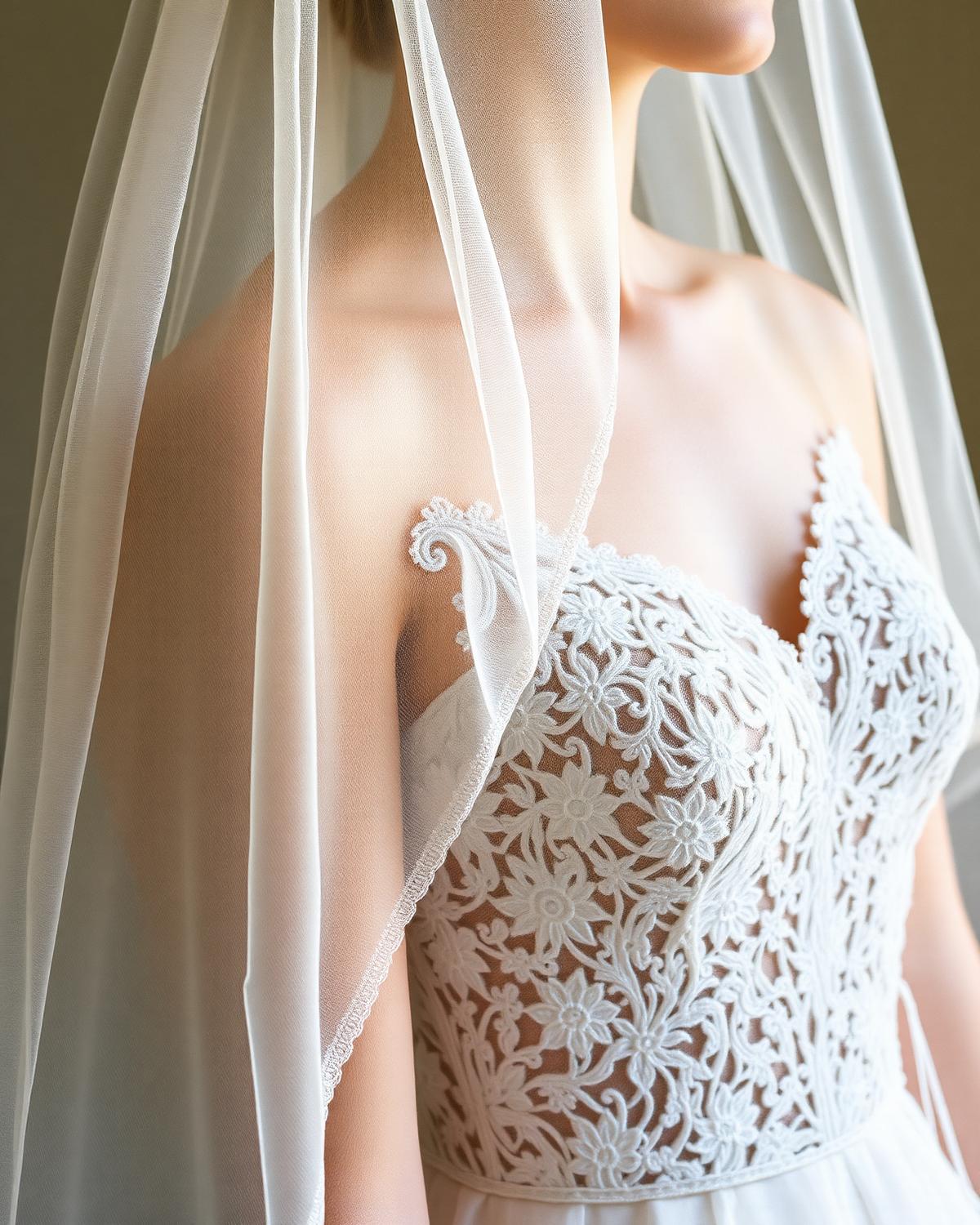 Detail of a corded lace bridal bodice beneath a fine tulle veil