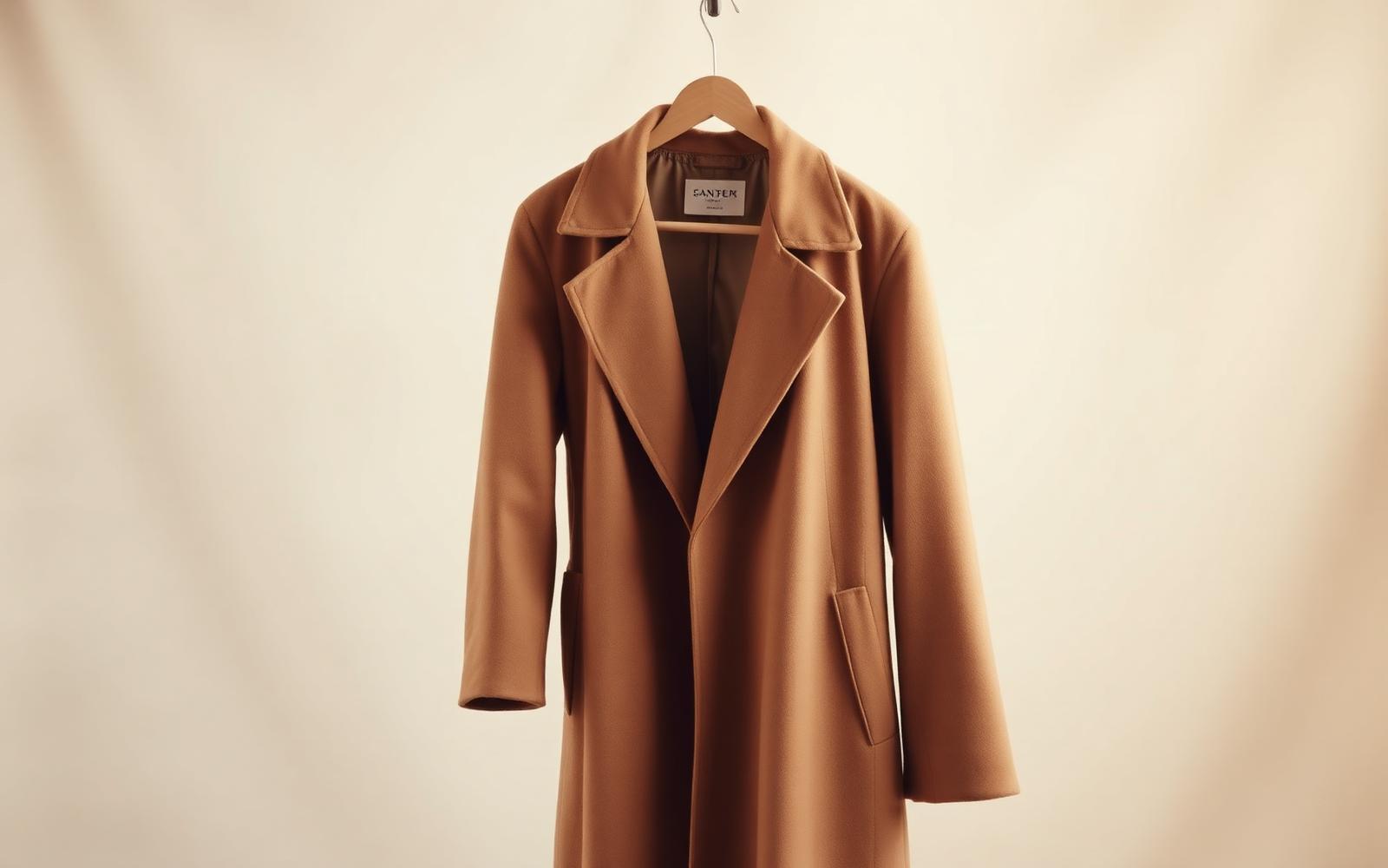 Camel wool coat on a wooden hanger against a soft ivory backdrop