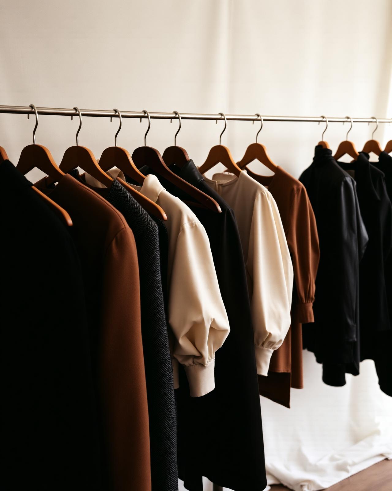 Rail of neutral-toned coats, blouses and dresses awaiting alteration in the atelier