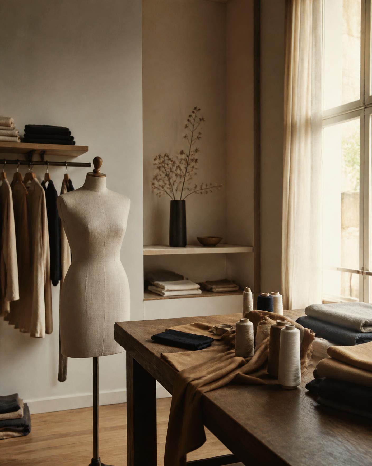 Quiet atelier workroom with a linen dress form, folded fabrics and daylight from a tall window