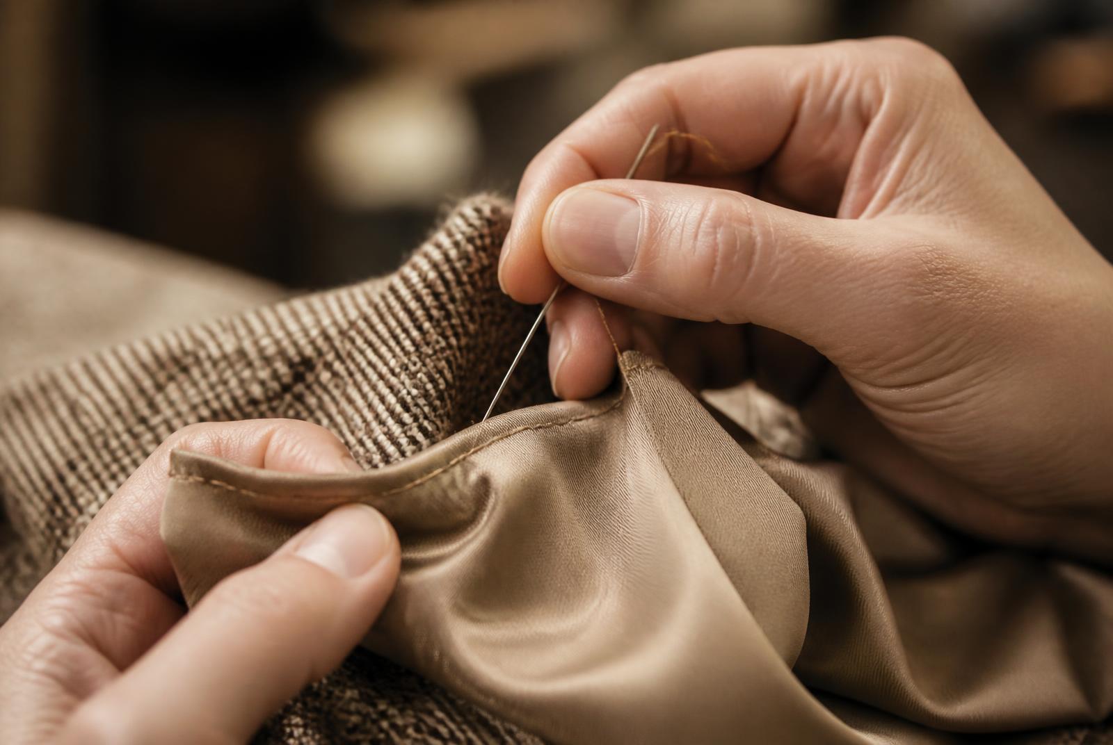 Hand-stitching a silk lining into a structured tweed jacket in the atelier